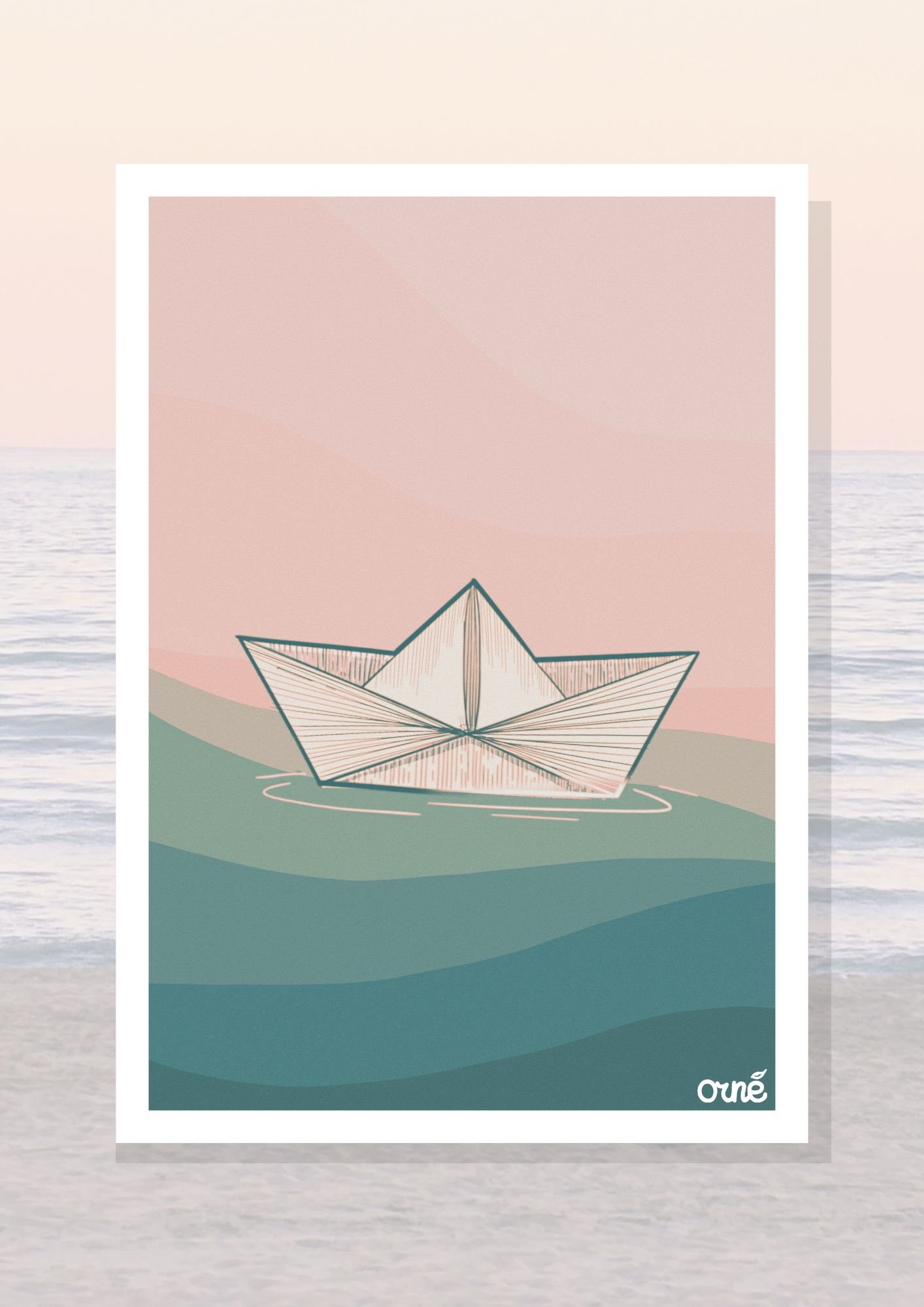 Affiche A4 illustrée - BATEAU ROSE, format compact pour décoration murale